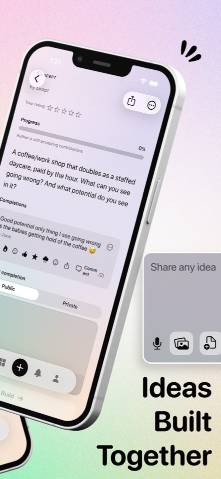 Idea detail with completions, ratings, and a Build button